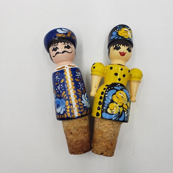 Vintage Hand Painted Folk Art Cork Couple Wine Bottle Stoppers - Picture 1 of 6